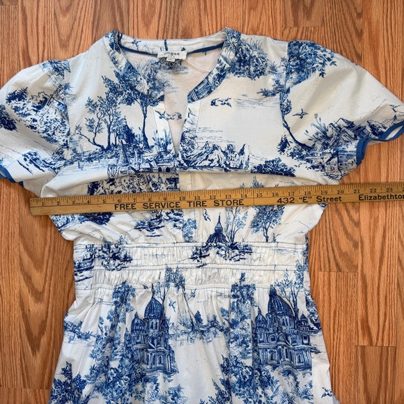 Blue White Toile Maxi Dress L Coastal Grandmother Cottagecore Tiered 100% Cotton - Picture 9 of 12